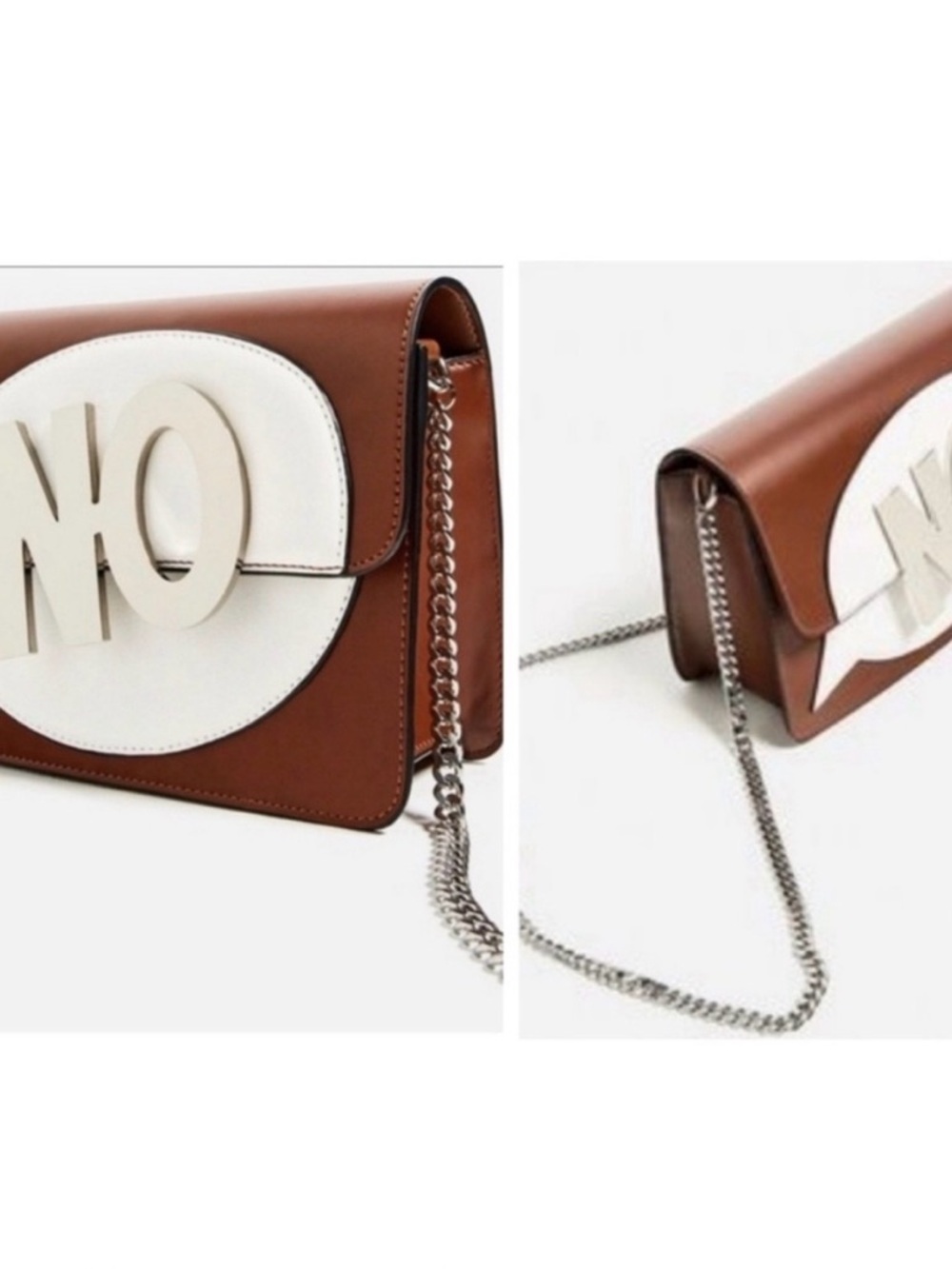 Zara Brown and White Leather Crossbody Bag with Chain - Picture 5 of 5